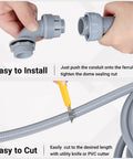 Installation process for Heavy Duty 1/2 Inch 100 Ft Liquid Tight PVC Electrical Conduit Kit with fittings and cutting tool.