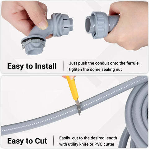 Installation process for Heavy Duty 1/2 Inch 100 Ft Liquid Tight PVC Electrical Conduit Kit with fittings and cutting tool.