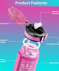 32oz Motivational Water Bottle With Time Marker And Straw showing dust-proof lid, leakproof sealing, thickened carry strap, silicone nozzle.
