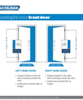 Diagram showing left hand and right hand door handing instructions for Camelot Front Entry Handleset With Georgian Knob Satin Nickel Finish.