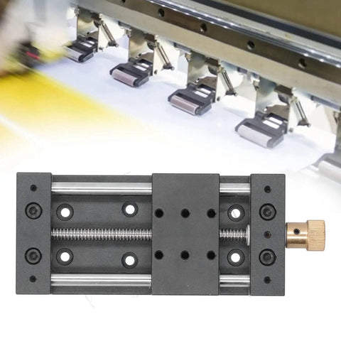 Manual Linear Stage Actuator Smooth Operator Aluminum Platform Zero To Seventy Five Millimeter Stroke Ten Kilogram Load Capacity For Mechanical Engineering And Automation Projects Built Tough Straight Up Precision on a testing machine.