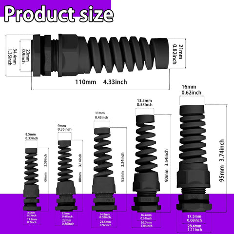 22Pcs Waterproof Cable Gland Conduit Fittings Set With Gasket Six Sizes From 3Mm To 18Mm Flexible Spiral Strain Relief Black Nylon