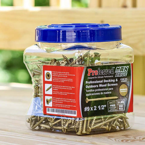 Heavy Duty Exterior Deck Screws Built Like A Tank, Six Lobe Drive Bronze Coating, 350 Count Pro Kit in clear storage container.