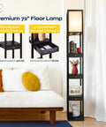 72 Inch Floor Lamp With Dope Shelves And Drawers For Living Rooms And Bedrooms next to a couch, shelves holding decor and books
