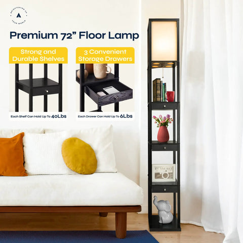 72 Inch Floor Lamp With Dope Shelves And Drawers For Living Rooms And Bedrooms next to a couch, shelves holding decor and books