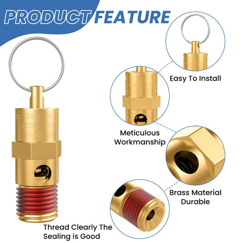 Front view of 1/4 in male NPT brass safety valve for air compressors with ring and red thread tape