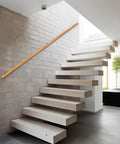 Tough As Nails 2 Feet Wooden Stair Handrail Wall Mount on a modern staircase, solid pine railing for indoor steps.