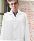 White Cotton Lab Coat With Long Sleeves For Doctors, Medical Pros, And Students shown worn by a person outdoors