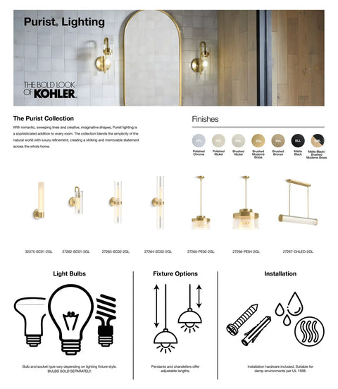 Product catalog showing Purist 1 Light Sconce with rounded glass shade and tubular base, various finishes and bulb types offered.
