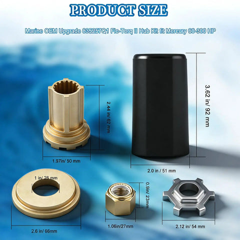 Flo Torq II Hub Kit Replacement For Mercury Outboard Motors 60 300 HP Compatible With Mercruiser Alpha One And Bravo One Drives 15 Spline Tooth Propeller Hub Adapter For Quick Install kit components with measurements, showcasing brass and metal parts
