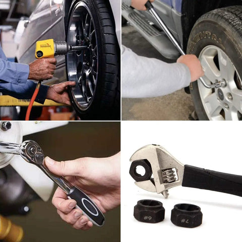 10 Piece Short Socket Bolt Extractor Set For 9-19mm Nuts, Metric Nut Remover Kit, shown in use on car wheels and with hand tools