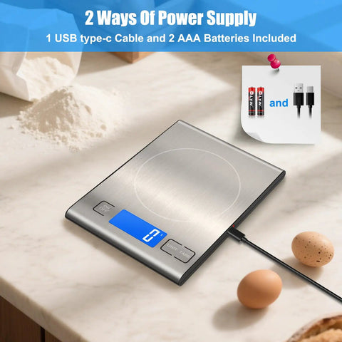 Five Pack Digital Kitchen Scale With 33lb Capacity, Stainless Steel 304, Backlit LCD, on kitchen counter with eggs and flour