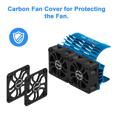 Dual 30mm RC Car Cooling Fans With Metal Heatsink, Up To 28000 RPM, shown with carbon fan covers and blue heatsink