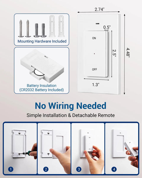 Installation steps for Remote Control Light Socket with Wireless Switch, includes mounting hardware, battery, wall-mounted controller.