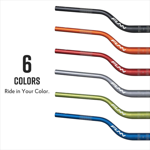 Six colored bike handlebars including black, orange, red, silver, green, and blue with "Funn" branding and the text "6 Colors".