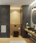 All In One 5 Piece Bathroom Set With 3 Light Vanity Fixture Matte Black Finish Clear Glass Shades Towel Bar and Robe Hook in modern bath