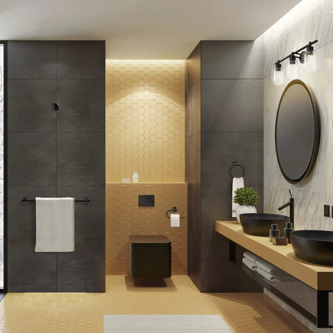 All In One 5 Piece Bathroom Set With 3 Light Vanity Fixture Matte Black Finish Clear Glass Shades Towel Bar and Robe Hook in modern bath