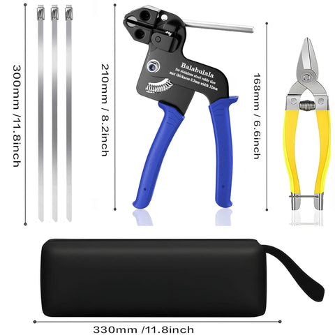 Stainless Steel Cable Tie Gun Kit With 400 Heavy Duty Zip Ties For Outdoor Use 8 And 11.8 Inch Lengths Built Tough Self Locking UV And Corrosion Resistant Ideal For Fence Exhaust Pipe Chicken Coop Farm Projects Includes Scissors Gloves Bag.