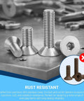 Beefy All In One Metric Machine Screw Kit with M2-M5 countersunk hex socket screws on metal surface, highlighting rust resistance.