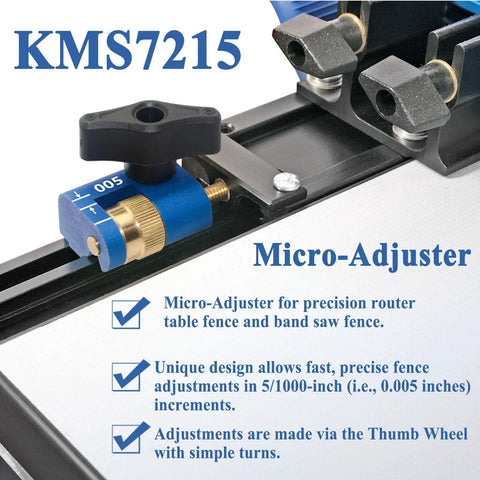 Genuine Feel Micro Adjuster For Band Saw Fence Woodworking Dial In Tool With Dead Nuts Precision, close-up of KMS7215 adjustments.