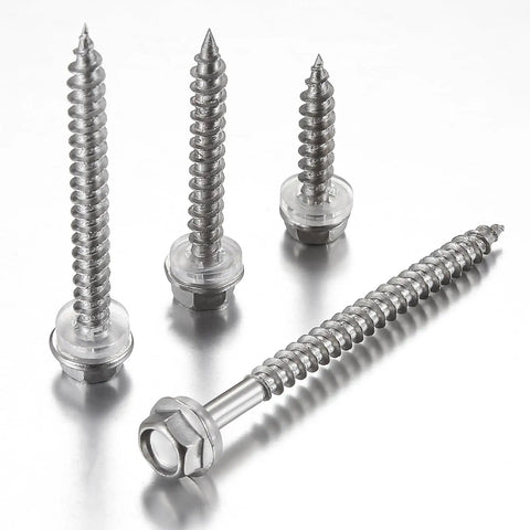 Close-up of 100 Pcs Size 10 By 2 Inch Self Tapping Wood Screws 410 Stainless Steel Hex Head for carpentry and DIY projects.