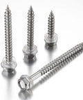 Heavy Duty 10x1 Hex Head Self Tapping Wood Screws Rust Proof 410 Stainless Steel Fasteners 250 Pack displayed in various sizes.