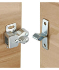 Get A Sweet Deal On These 20pcs Cabinet Latches With Built-In Spring For automatic door locking. Silver metal spring-loaded latch on wooden cabinet.