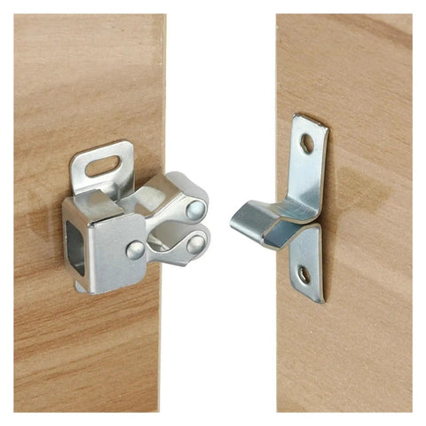 Get A Sweet Deal On These 20pcs Cabinet Latches With Built-In Spring For automatic door locking. Silver metal spring-loaded latch on wooden cabinet.