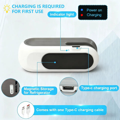 2 In 1 Rechargeable Bag Sealer With Cutter USB C Heat Sealer Resealer For Chips And Snacks Portable Grab And Go Pocket Size White Keeps Snacks Fresh Easy One Button Operation Compact Travel Friendly showing indicator light, Type-C charging port, and magnetic storage.