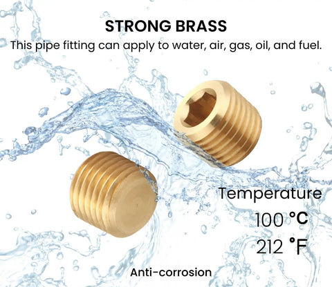 Brass Pipe Fitting Hex Countersunk Plug One Quarter Inch NPT shown with anti-corrosion and temperature details