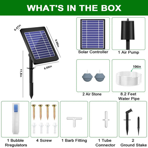 "Pond Aerator With Independent Solar Air Pump Wire-Free Setup includes solar controller, air pump, air stones, water pipe, regulators"