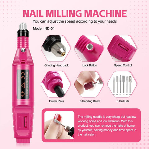 All-In-One Acrylic Nail Kit For Beginners With Drill And UV Light Includes Glitter Powders Rhinestones Gems And Essential Nail Art Tools For DIY Pro Grade Spa Quality Nails At Home, featuring pink nail drill, grinding head jack, power pack, lock button, speed control, sanding band, drill bits, and nail art application image.