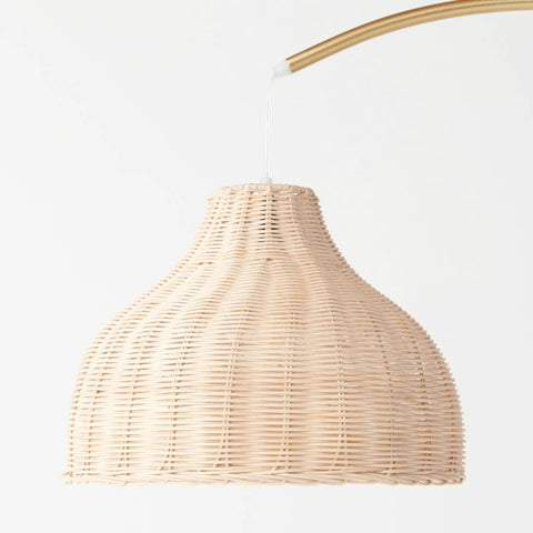 Lark Arc Floor Lamp With Hanging Wicker Shade Brass Tall Standing Light For Living Room And Office Perfect For Reading And Cozy Boho Chic Vibe Decor For Any Space