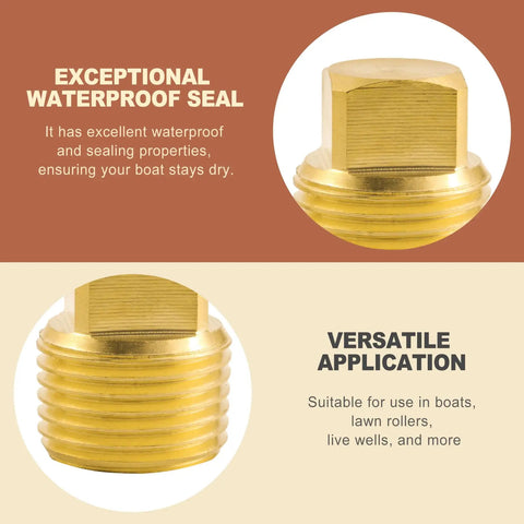 Two Pack Half Inch Npt Solid Brass Boat Drain Plugs For Marine Hulls And Livewells Garboard Replacement Durable Hardware Corrosion Resistant Fits Standard Threaded Sockets Easy Install visible in close-up showing waterproof seal and versatility.