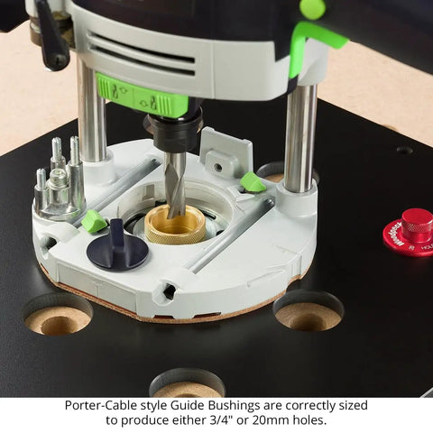 Detailed view of the Nailed Your Gridwork Projects With This Top ShelfUSA Made Woodworking Hole Boring Jig with router bushings.