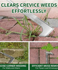 Two Piece Weeding Tool Set With Lever Action Weed Puller And Precision L Shaped Crack Weeder Stainless Steel For Tight Spaces Root Removal And Moss Dandelion Removal In Garden Patio Pavers shown clearing weeds from pavers