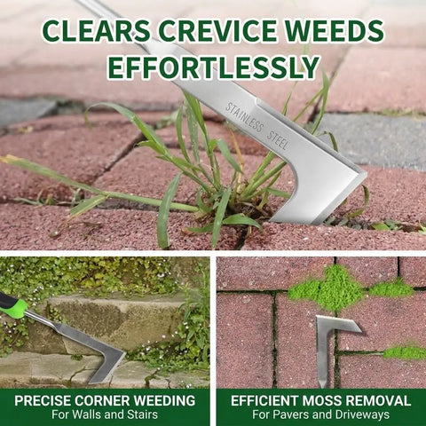 Two Piece Weeding Tool Set With Lever Action Weed Puller And Precision L Shaped Crack Weeder Stainless Steel For Tight Spaces Root Removal And Moss Dandelion Removal In Garden Patio Pavers shown clearing weeds from pavers