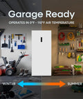 14 Cu Ft Convertible Upright Freezer And Refrigerator In Warm White Panel Featuring Hassle Free Mode Switch Flex Config Layout And Ample Shelving For Snacks And Beverages in garage setting, showing winter and summer use.