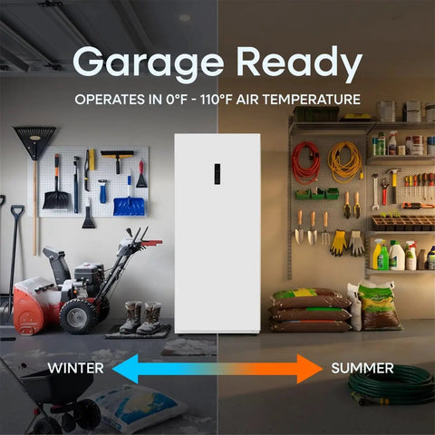 14 Cu Ft Convertible Upright Freezer And Refrigerator In Warm White Panel Featuring Hassle Free Mode Switch Flex Config Layout And Ample Shelving For Snacks And Beverages in garage setting, showing winter and summer use.