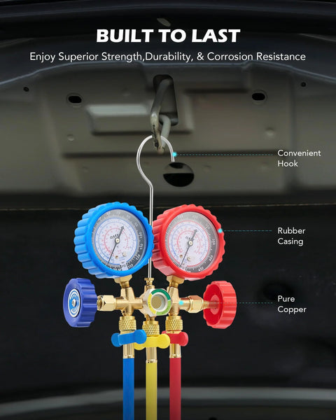 Orion Motor Tech AC manifold gauge set with blue and red gauges and three colored hoses, mounted under car hood.