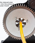 Close-up of Professional Manual Hose Crimper Tool With Large Gear Press System For 6 To 32 Mm Tubing, showcasing gear and tubing placement.