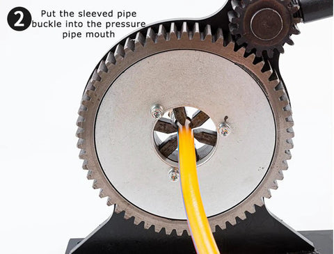 Close-up of Professional Manual Hose Crimper Tool With Large Gear Press System For 6 To 32 Mm Tubing, showcasing gear and tubing placement.