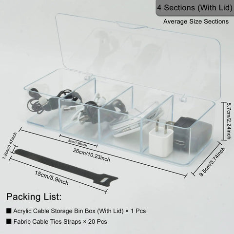 Clear Acrylic 8 Section Electronics Organizer Bin With Lid Cord Holder And 20 Reusable Cable Ties For Chargers Cables Headphones And Accessories For Desk Or Travel Use Keeps Cords Neat And Easy Access