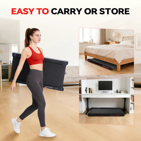 Woman carrying Under Desk Vibration Treadmill With 3 In 1 Vibration Plate For Home Gym; stored under desk and bed.