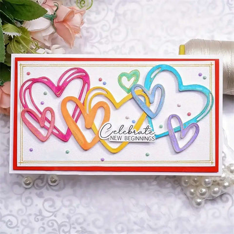 Handmade card using Love Hearts Metal Die Cuts Frame Set 4 Pieces Silver Embossing Dies for scrapbooking and card making projects.