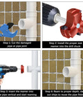 3 Inch PVC Pipe Reamer With Triple Blade For Faster Cutting Power Fitting Saver Socket Pro Grade Plumbing Tool For Schedule 40 CPVC ABS Hubs Fits Standard One Half Inch Drills in use with step-by-step instructions.
