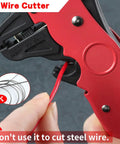2 In 1 Automatic Wire Stripper And Cutter Self Adjusting Tool For 10 24 AWG Cables in use on red wire, steel warning
