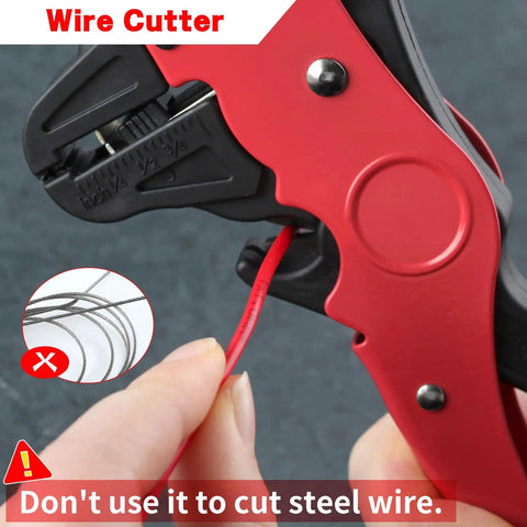 2 In 1 Automatic Wire Stripper And Cutter Self Adjusting Tool For 10 24 AWG Cables in use on red wire, steel warning