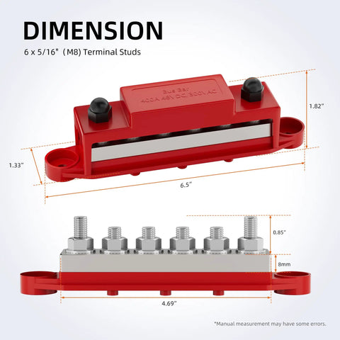 Beefy 400A 12V Bus Bar Power Distribution Block With Six Terminal Studs Sized For Standard Five Sixteenth Inch Bolts M8 For Boat RV Automotive And Solar Systems Positive And Negative Marine Electrical Terminal Block dimension diagram