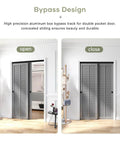 Open and closed view of Bypass Double Sliding Pocket Door Hardware Kit For 4 Ft By 48 Inch Track in black finish for modern homes.